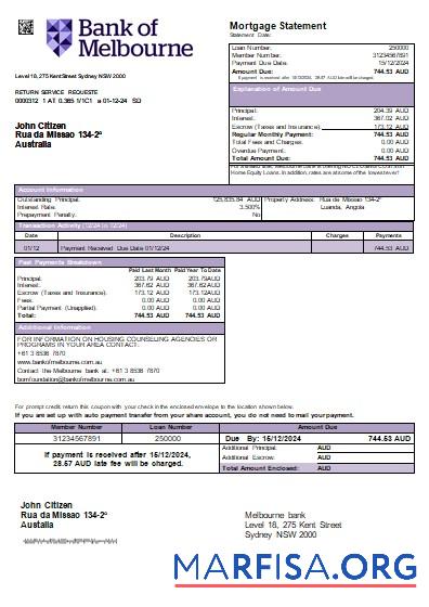 Downloadable Australia Bank of Melbourne bank mortgage statement scr sample